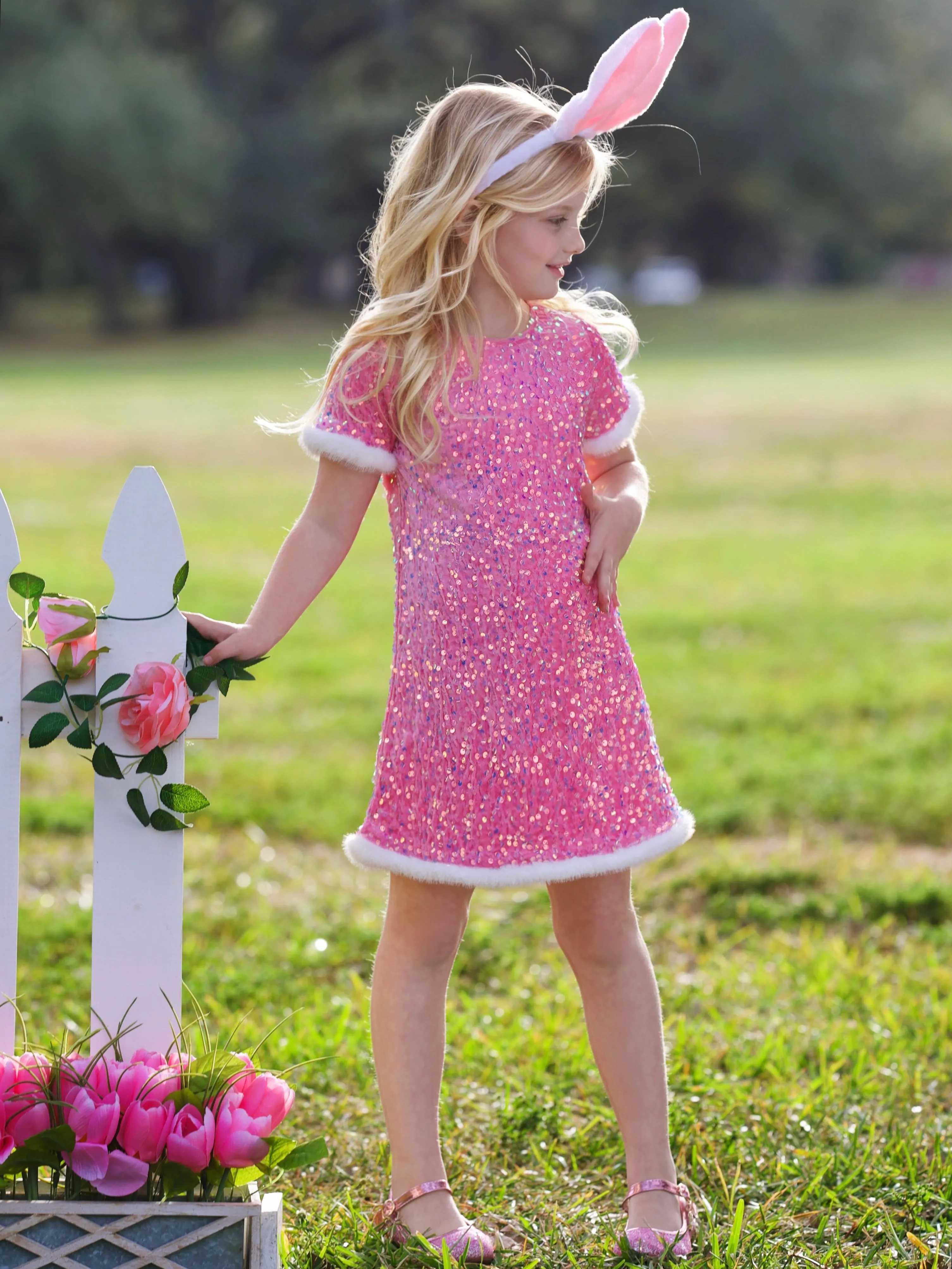 Sparkle & Hop Pink Sequined Fur Easter Dress