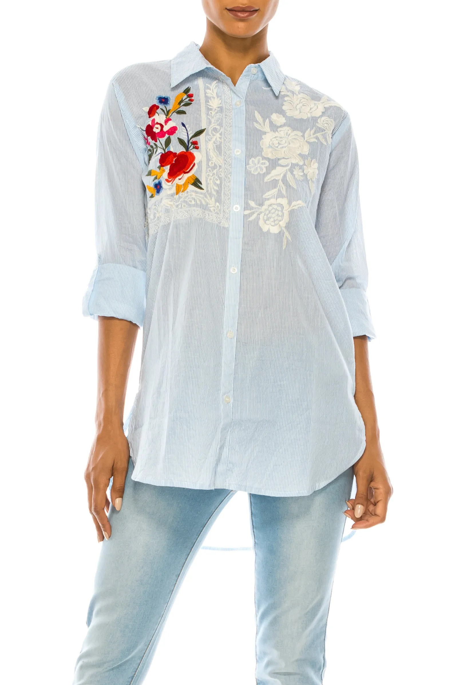 Striped Button-down Shirt with Floral Embroidery