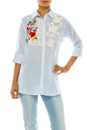 Striped Button-down Shirt with Floral Embroidery