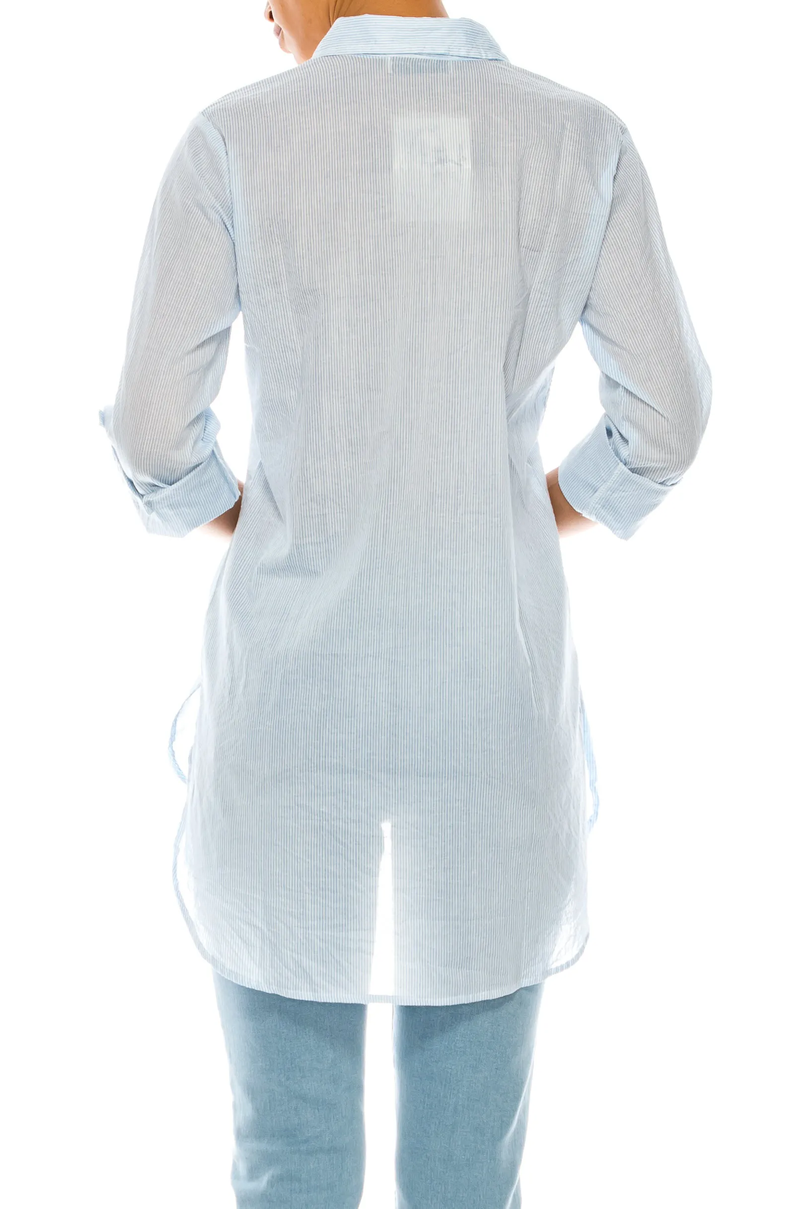 Striped Button-down Shirt with Floral Embroidery