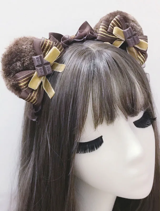 Sweet Lolita Hair Accessory Bear Ear Bow Brown Lolita Hair Clasp