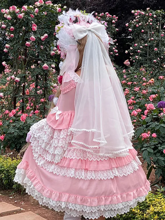 Sweet Lolita OP Dress Chiffon Long Sleeves Bows Ruffles Lace Up Pink Lolita One Piece Dress