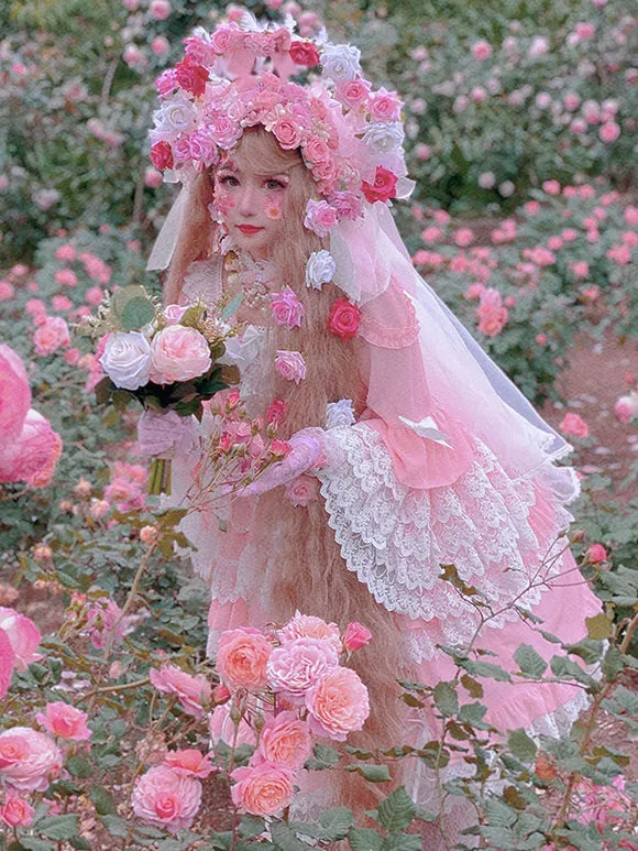 Sweet Lolita OP Dress Chiffon Long Sleeves Bows Ruffles Lace Up Pink Lolita One Piece Dress
