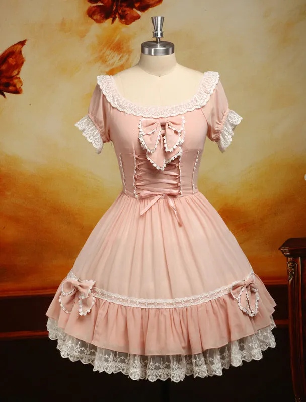 Sweet Pink Bow Chiffon Lolita One-Piece