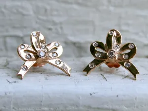 Sweet Vintage 18K Rose Gold Diamond &#39;Bow&#39; Stud Earrings.