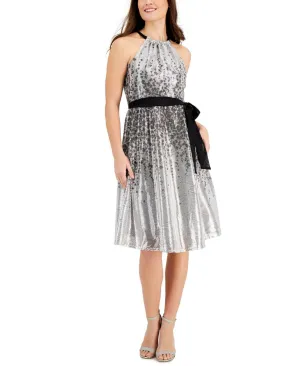 Taylor Womens Sequined A-Line Dress 85404M Silver / Black 14