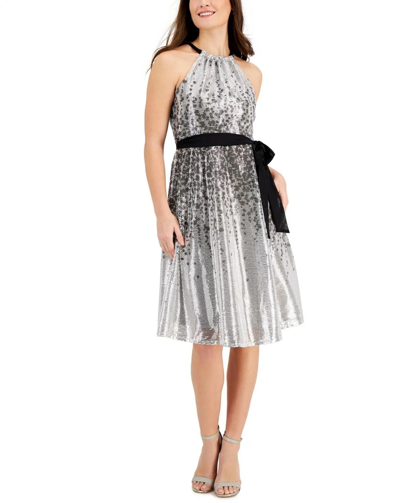 Taylor Womens Sequined A-Line Dress 85404M Silver / Black 14