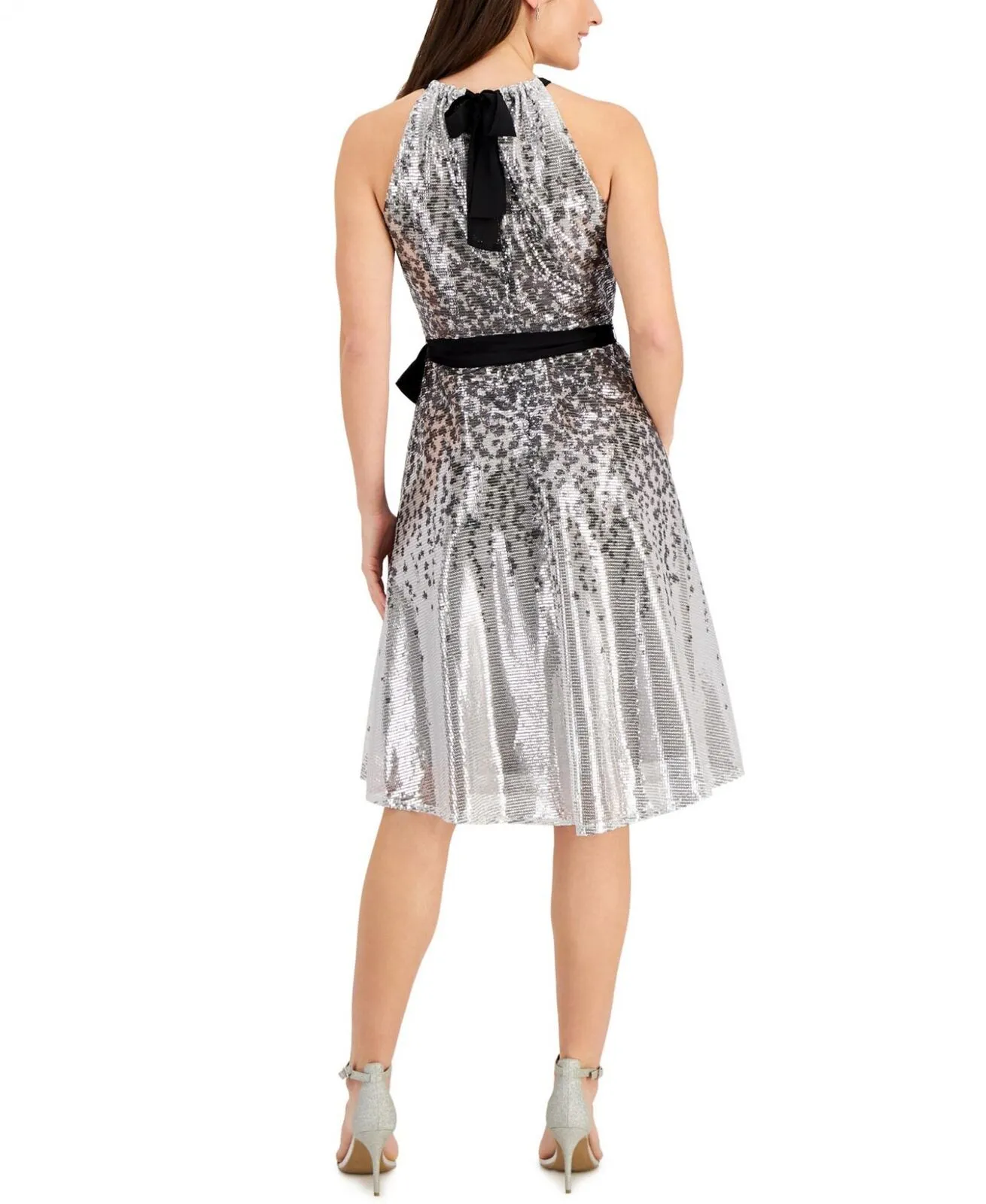 Taylor Womens Sequined A-Line Dress 85404M Silver / Black 14