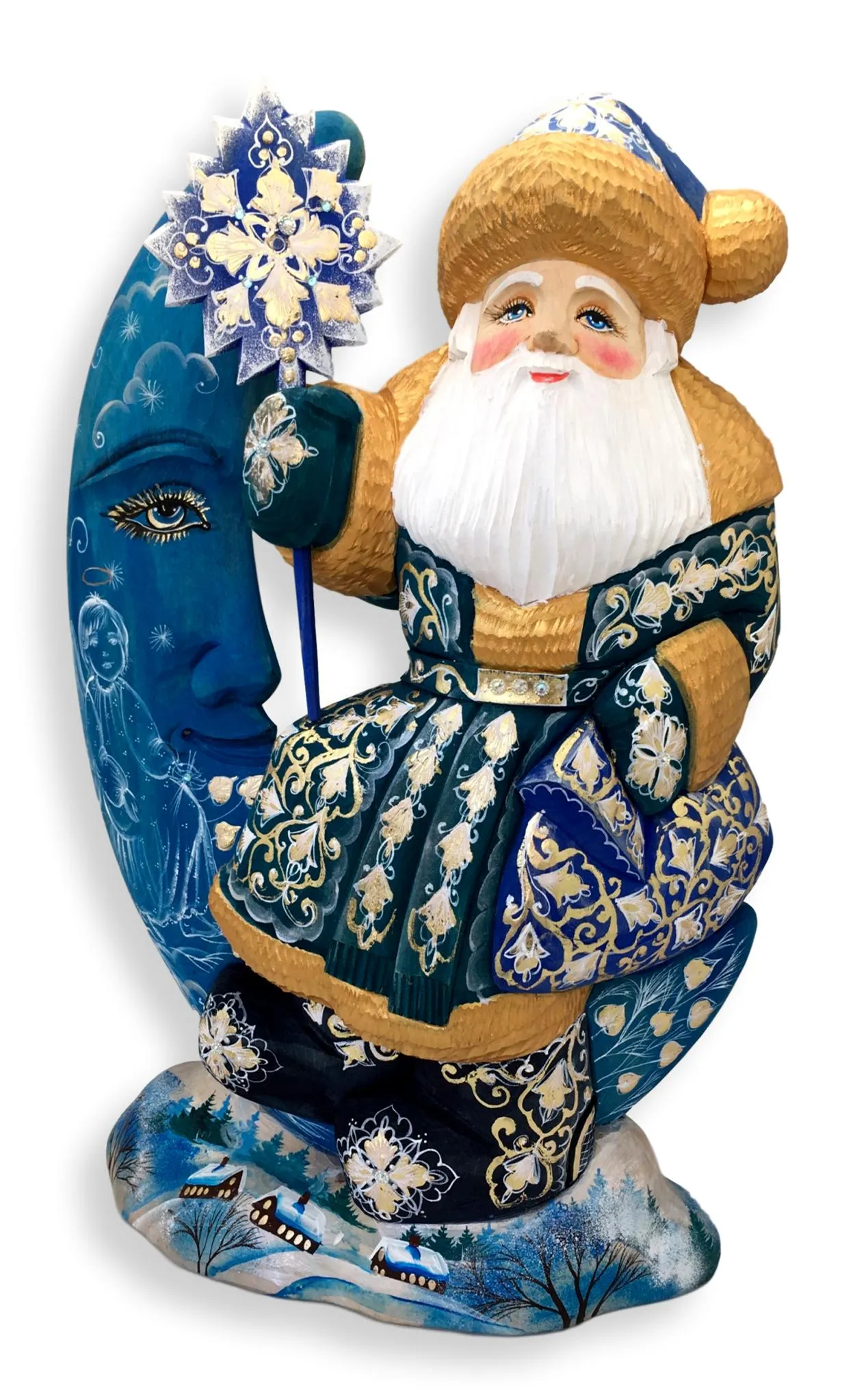 Unique 16” Tall Wooden Russian Santa on a Moon