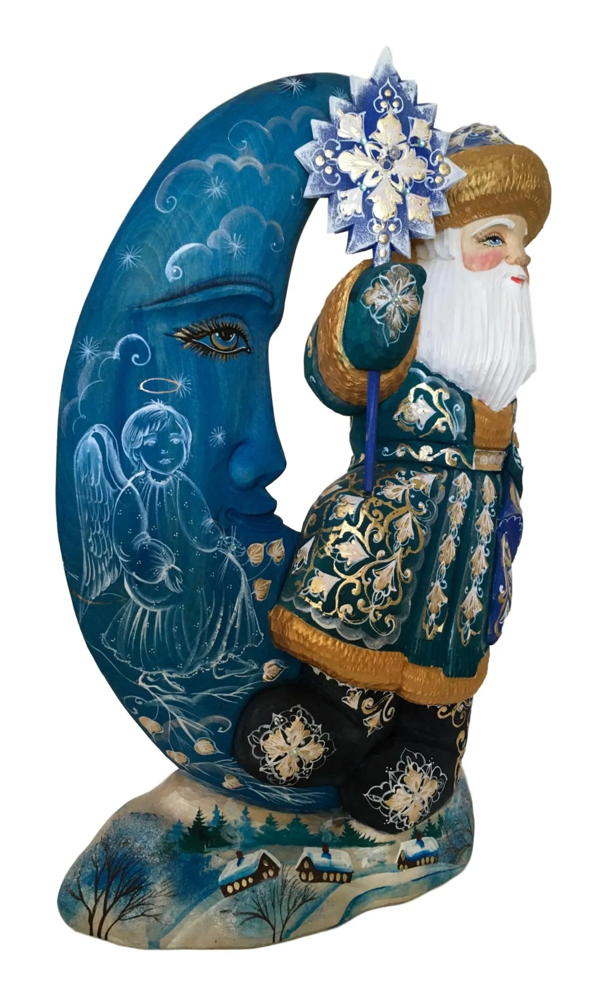 Unique 16” Tall Wooden Russian Santa on a Moon