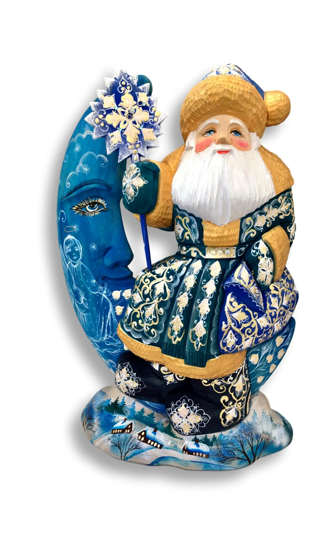 Unique 16” Tall Wooden Russian Santa on a Moon