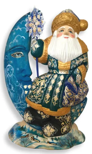 Unique 16” Tall Wooden Russian Santa on a Moon