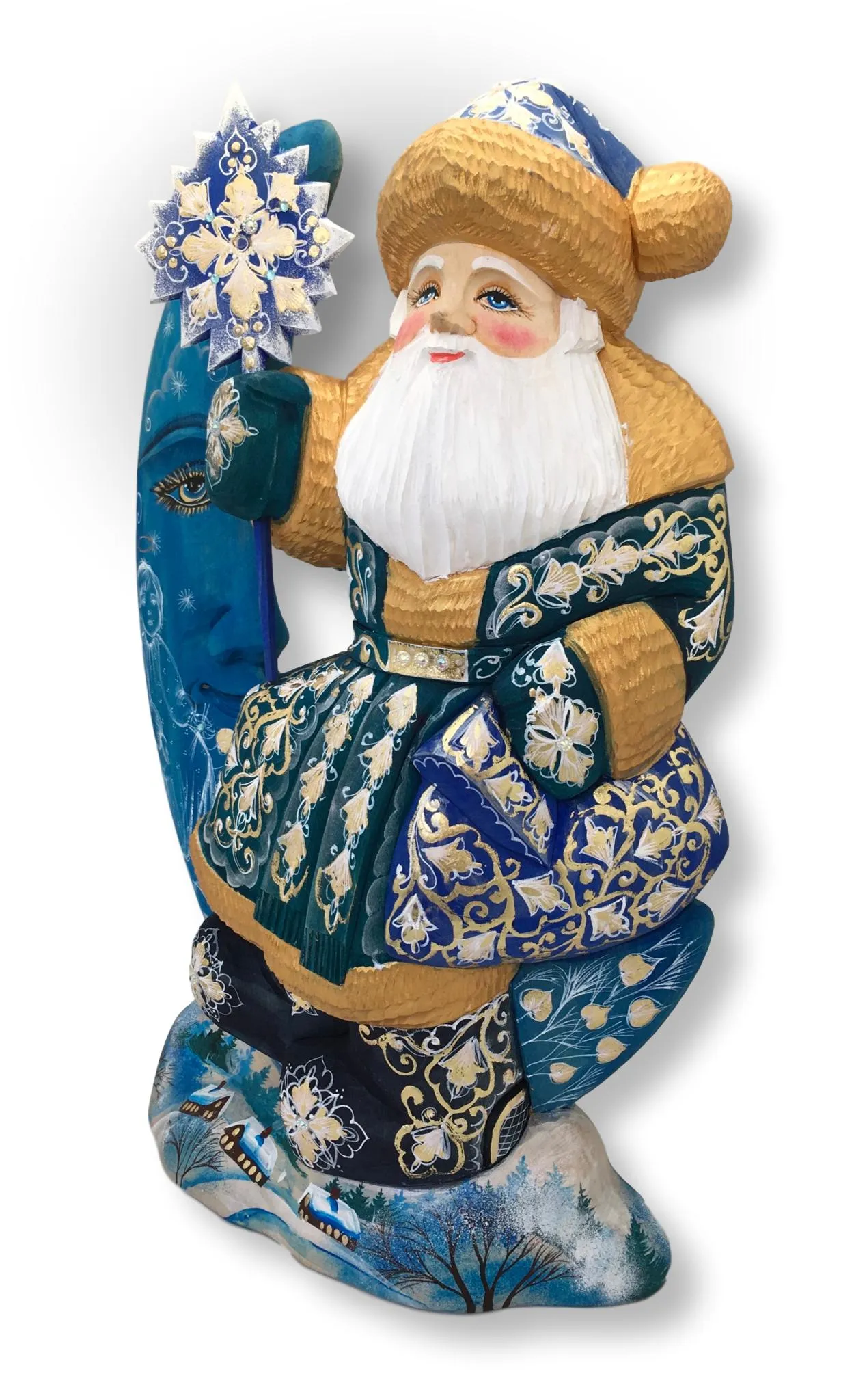 Unique 16” Tall Wooden Russian Santa on a Moon