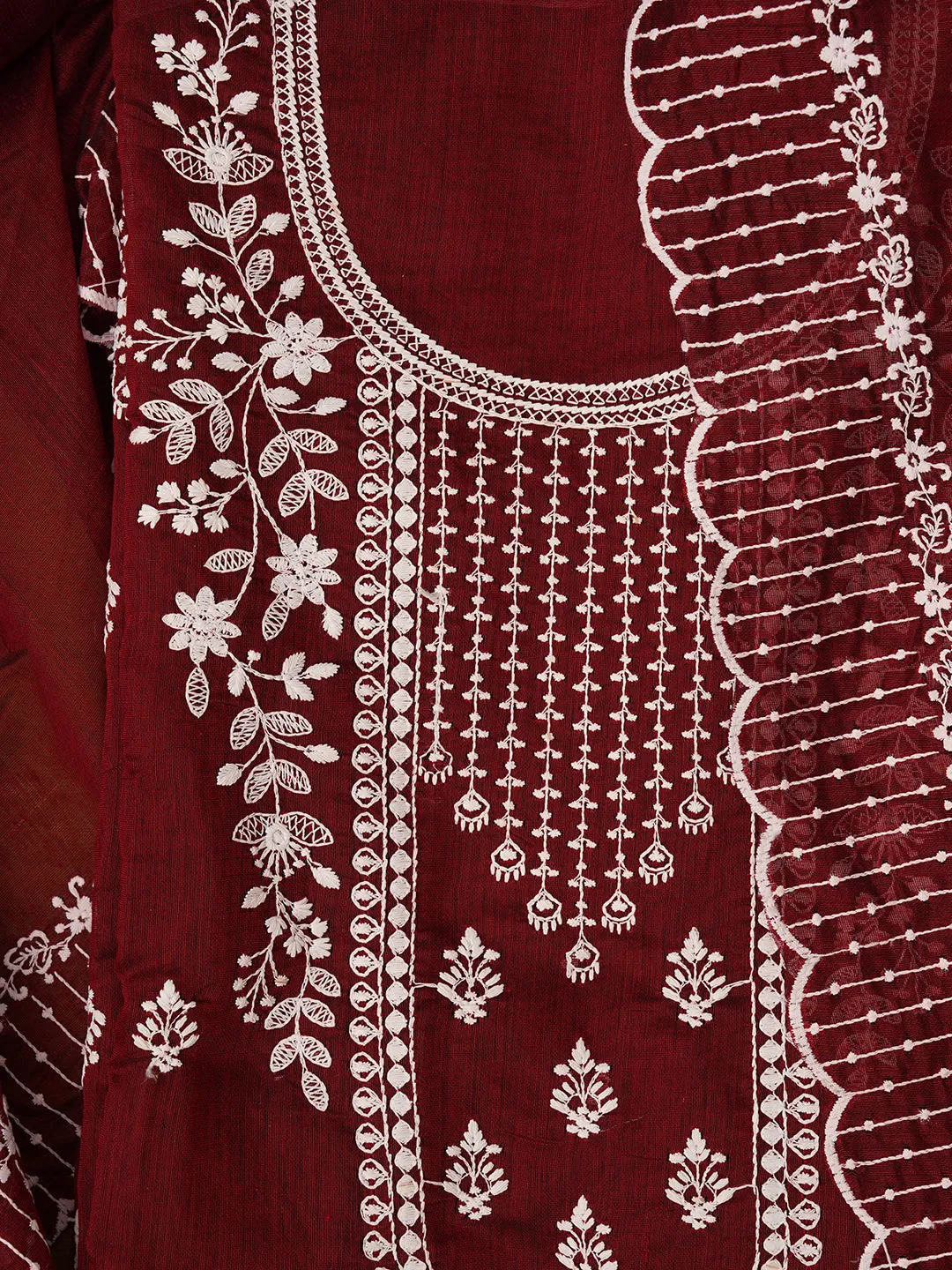Unstitched Embroidered Cotton Blend Maroon Dress Material With Dupatta