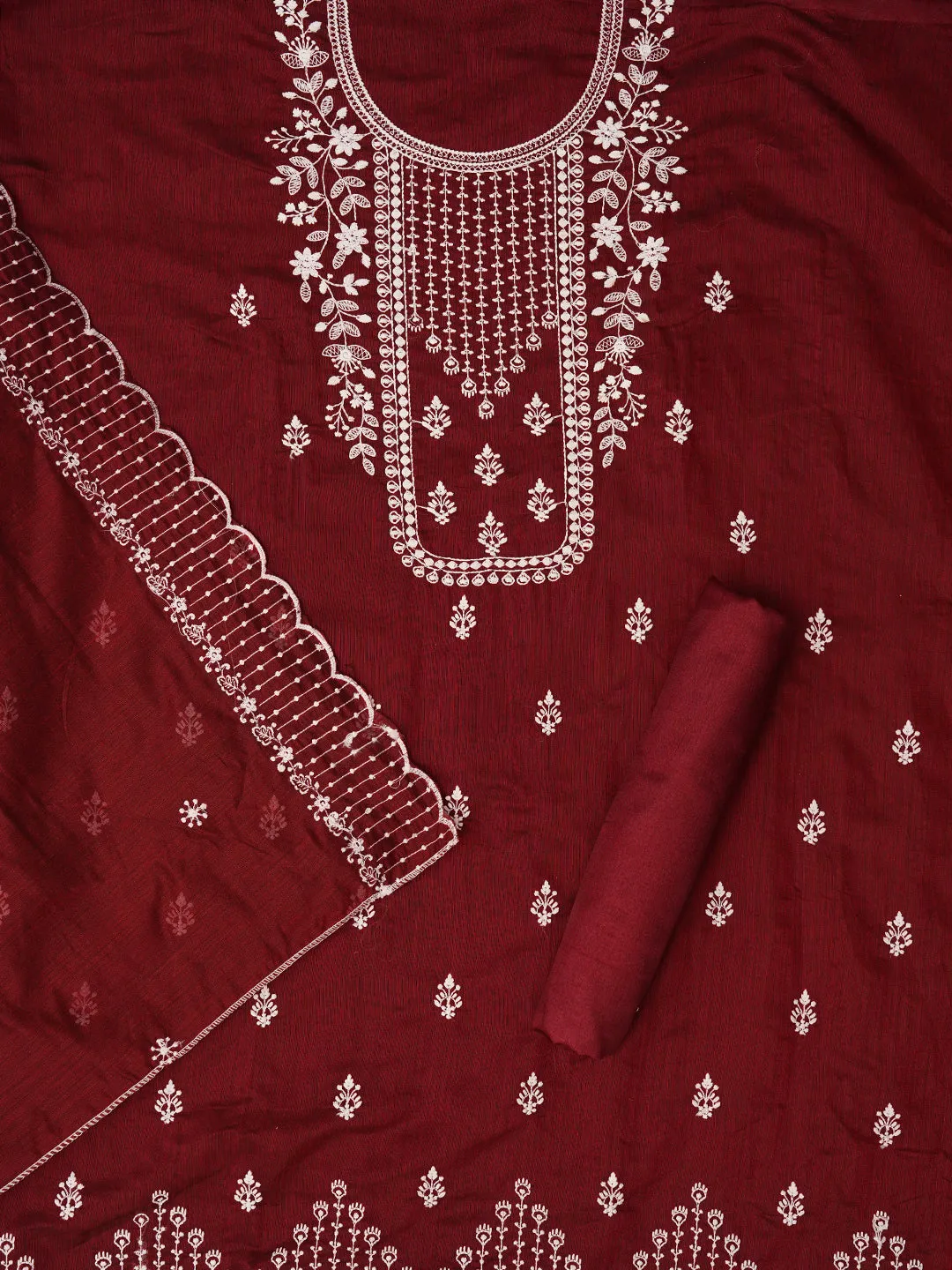 Unstitched Embroidered Cotton Blend Maroon Dress Material With Dupatta