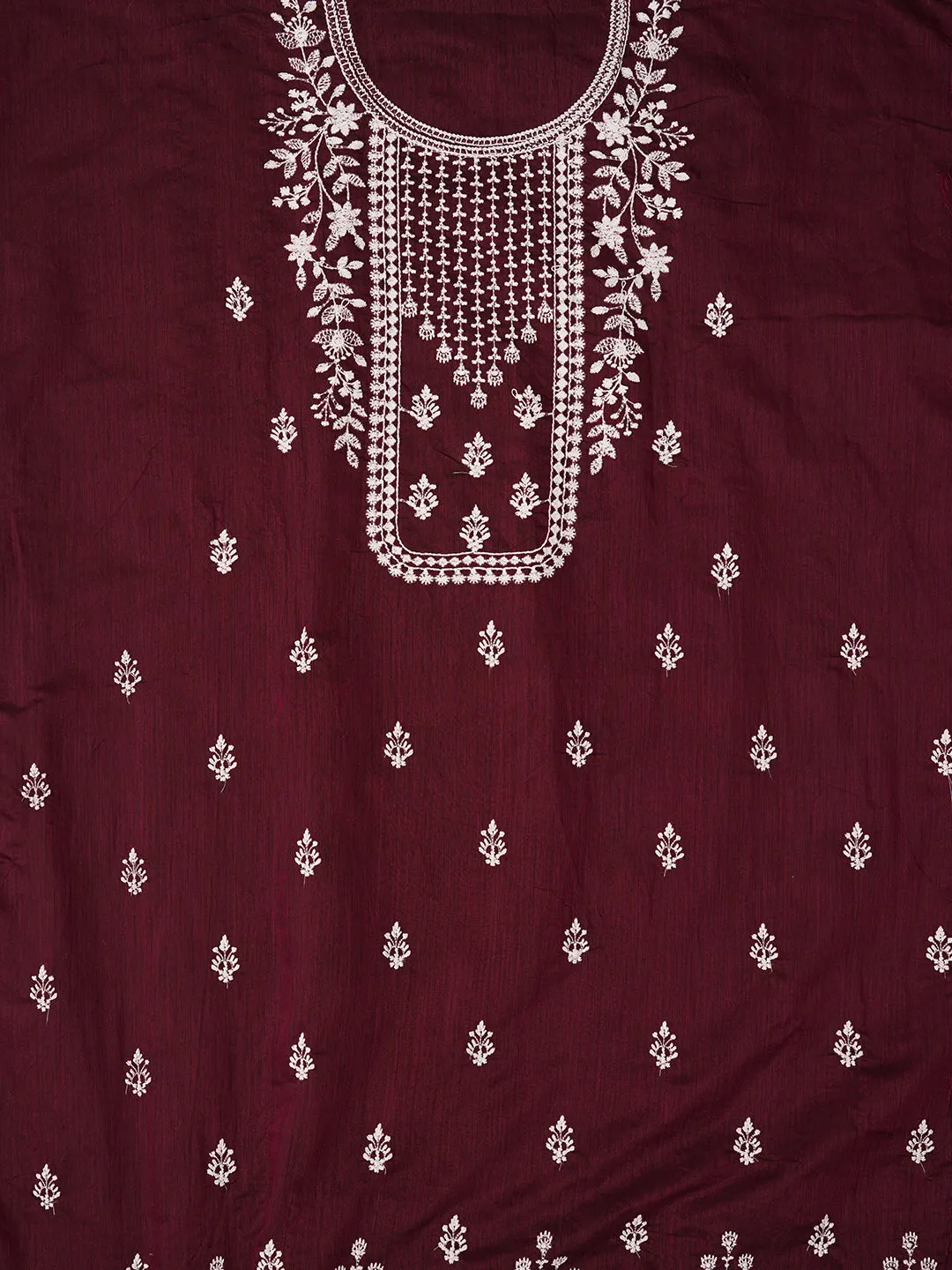 Unstitched Embroidered Cotton Blend Purple Dress Material With Dupatta