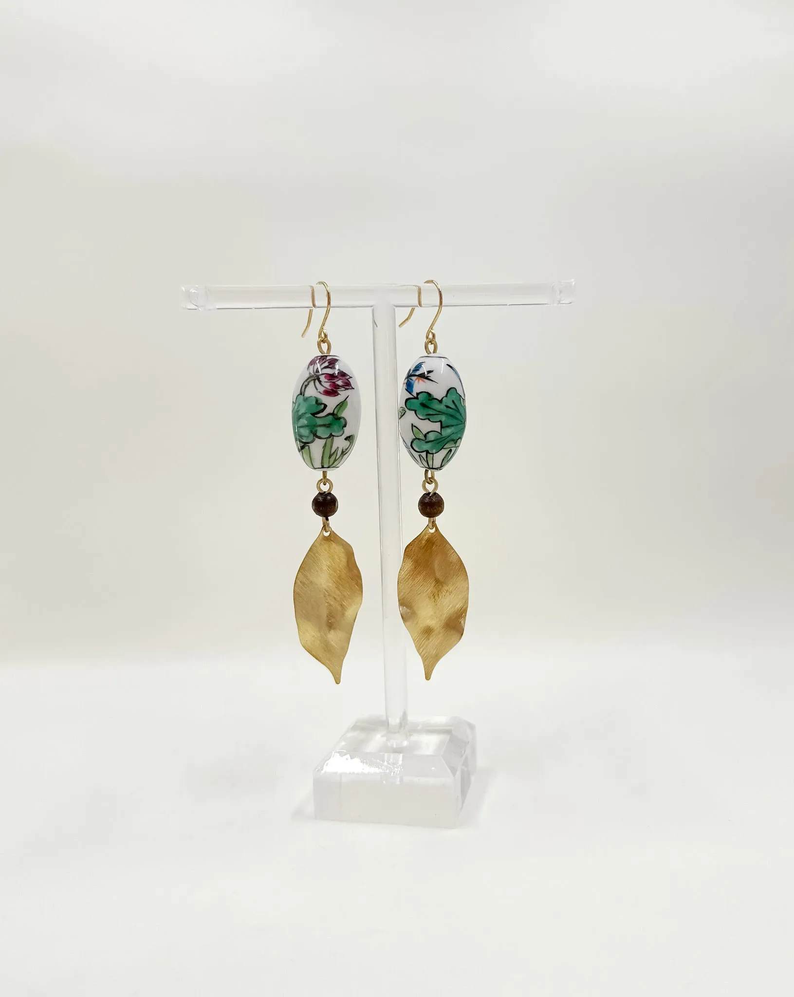 Vintage Porcelain Hand Painted Floral Bead Earrings with Brushed Brass Leaves