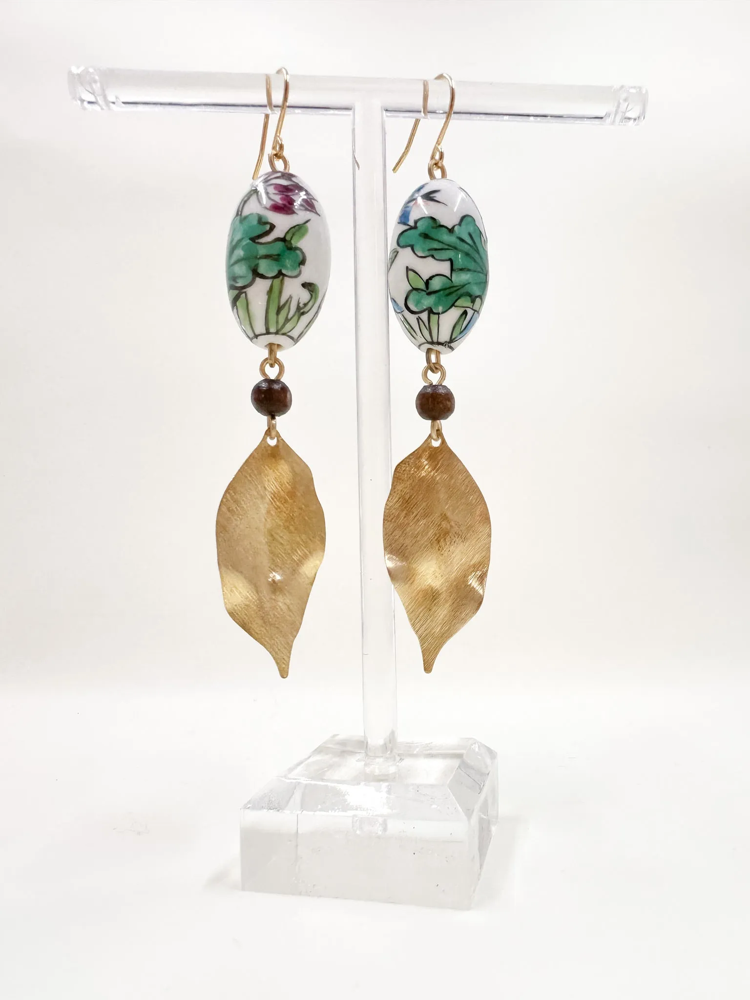 Vintage Porcelain Hand Painted Floral Bead Earrings with Brushed Brass Leaves