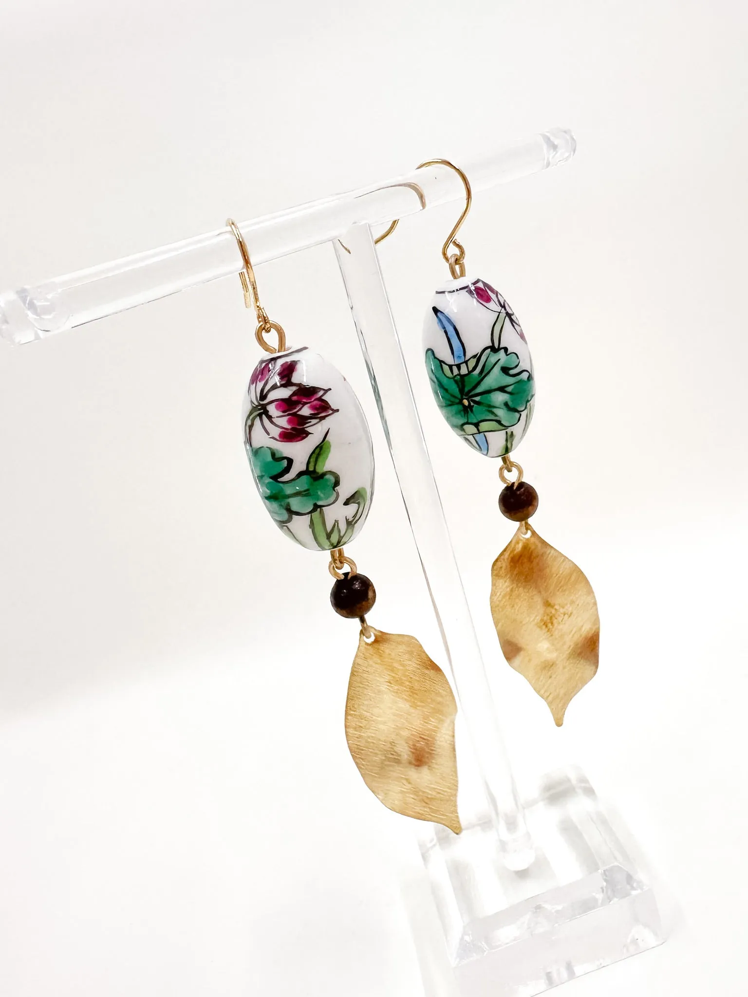 Vintage Porcelain Hand Painted Floral Bead Earrings with Brushed Brass Leaves