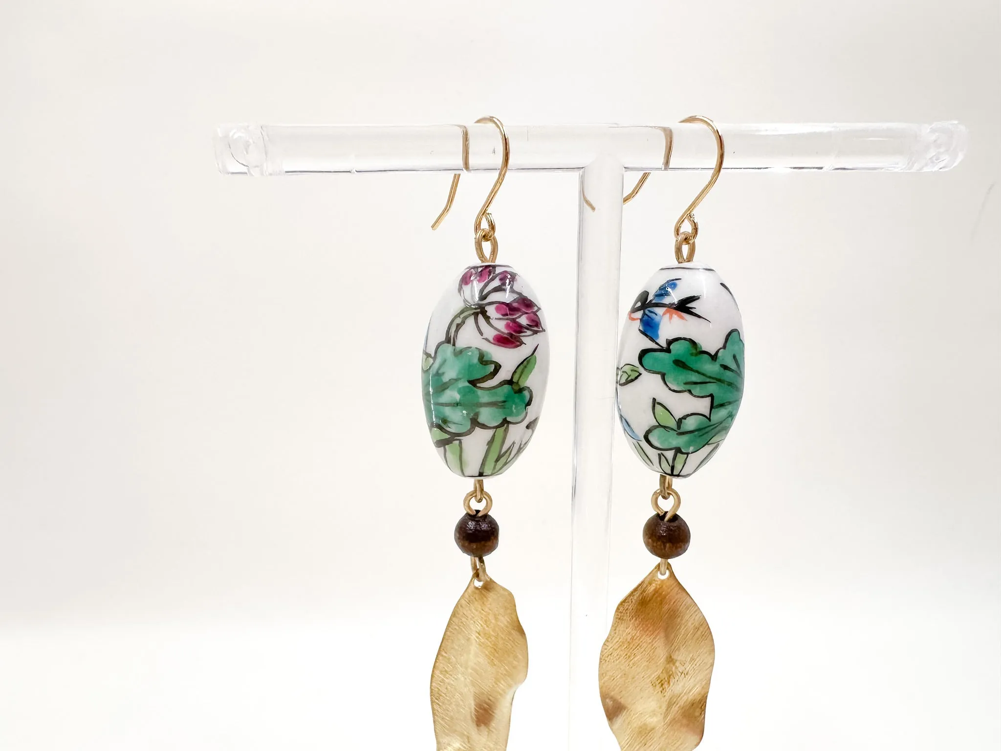 Vintage Porcelain Hand Painted Floral Bead Earrings with Brushed Brass Leaves