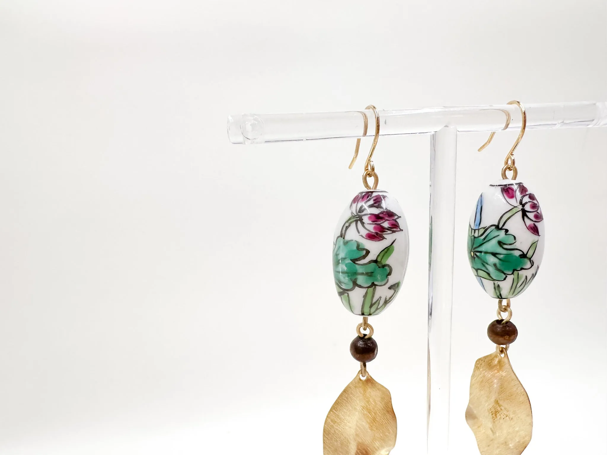 Vintage Porcelain Hand Painted Floral Bead Earrings with Brushed Brass Leaves