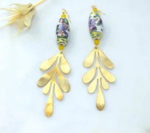 Vintage Porcelain Hand Painted Leafy and Geometric Bead Earrings with Brushed Brass Leaves