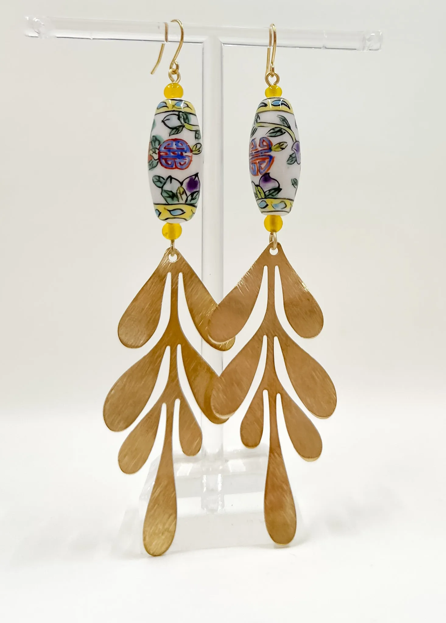 Vintage Porcelain Hand Painted Leafy and Geometric Bead Earrings with Brushed Brass Leaves
