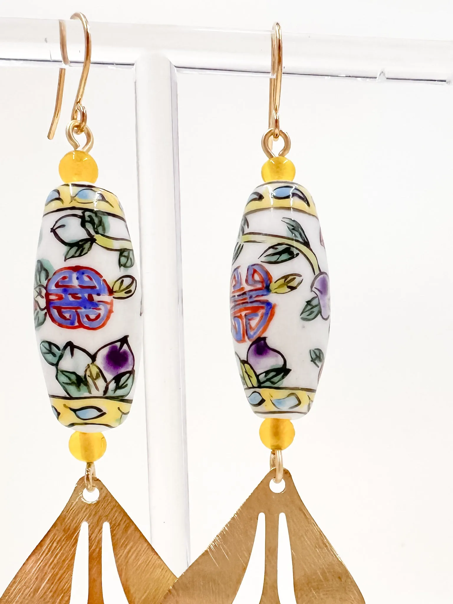 Vintage Porcelain Hand Painted Leafy and Geometric Bead Earrings with Brushed Brass Leaves