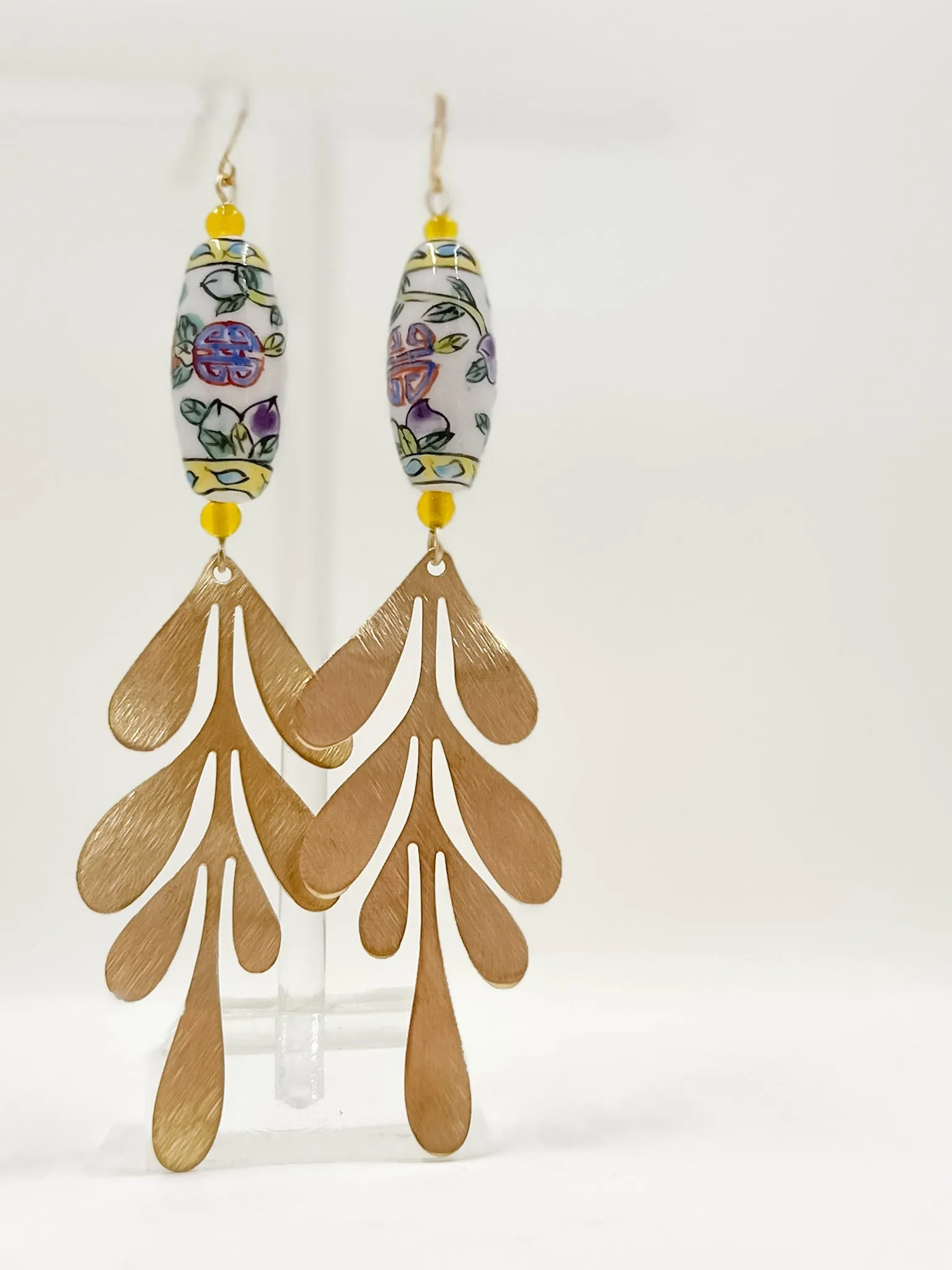 Vintage Porcelain Hand Painted Leafy and Geometric Bead Earrings with Brushed Brass Leaves
