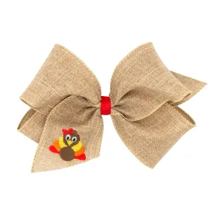 Wee Ones Turkey Embroidered Linen Hair Bow on Clippie