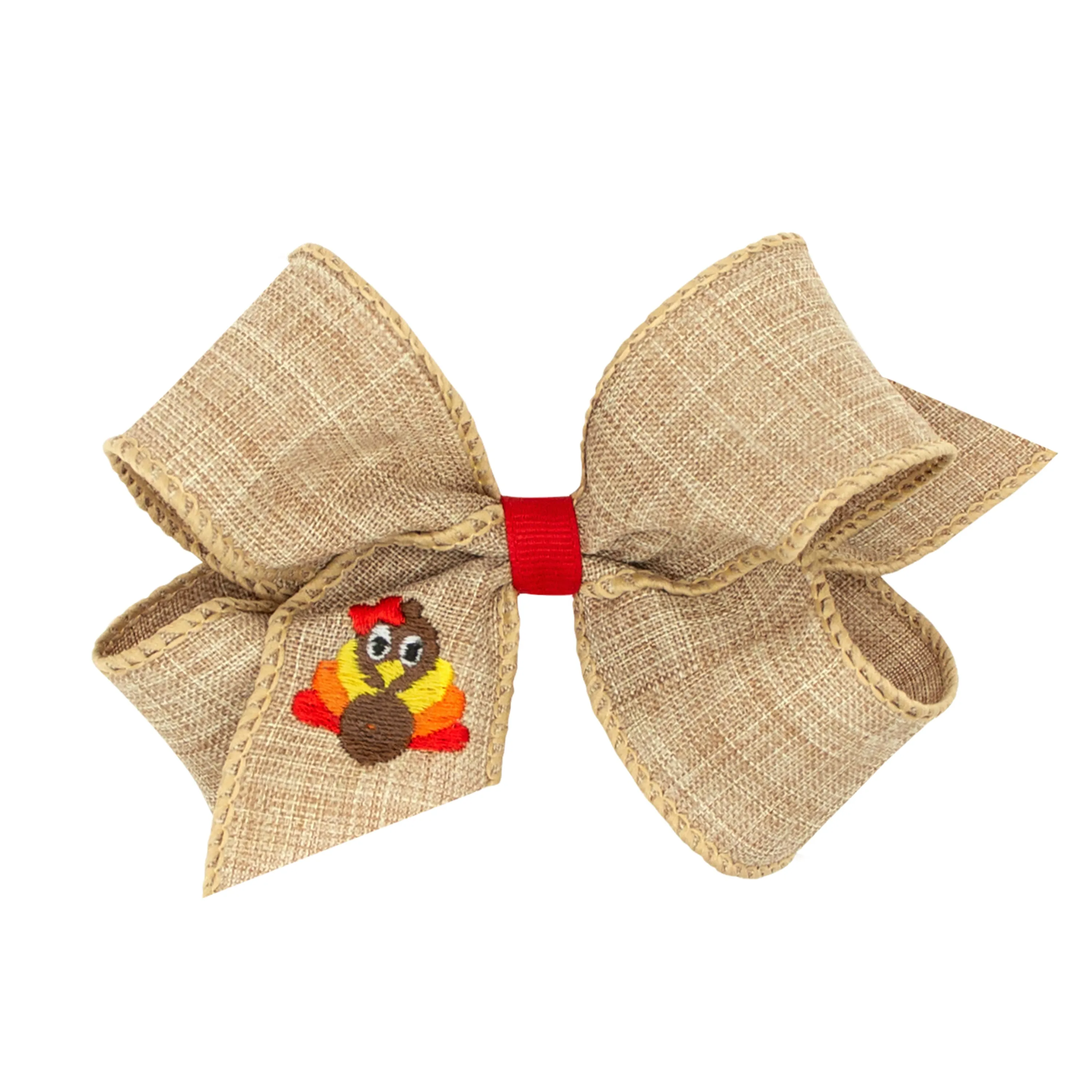 Wee Ones Turkey Embroidered Linen Hair Bow on Clippie