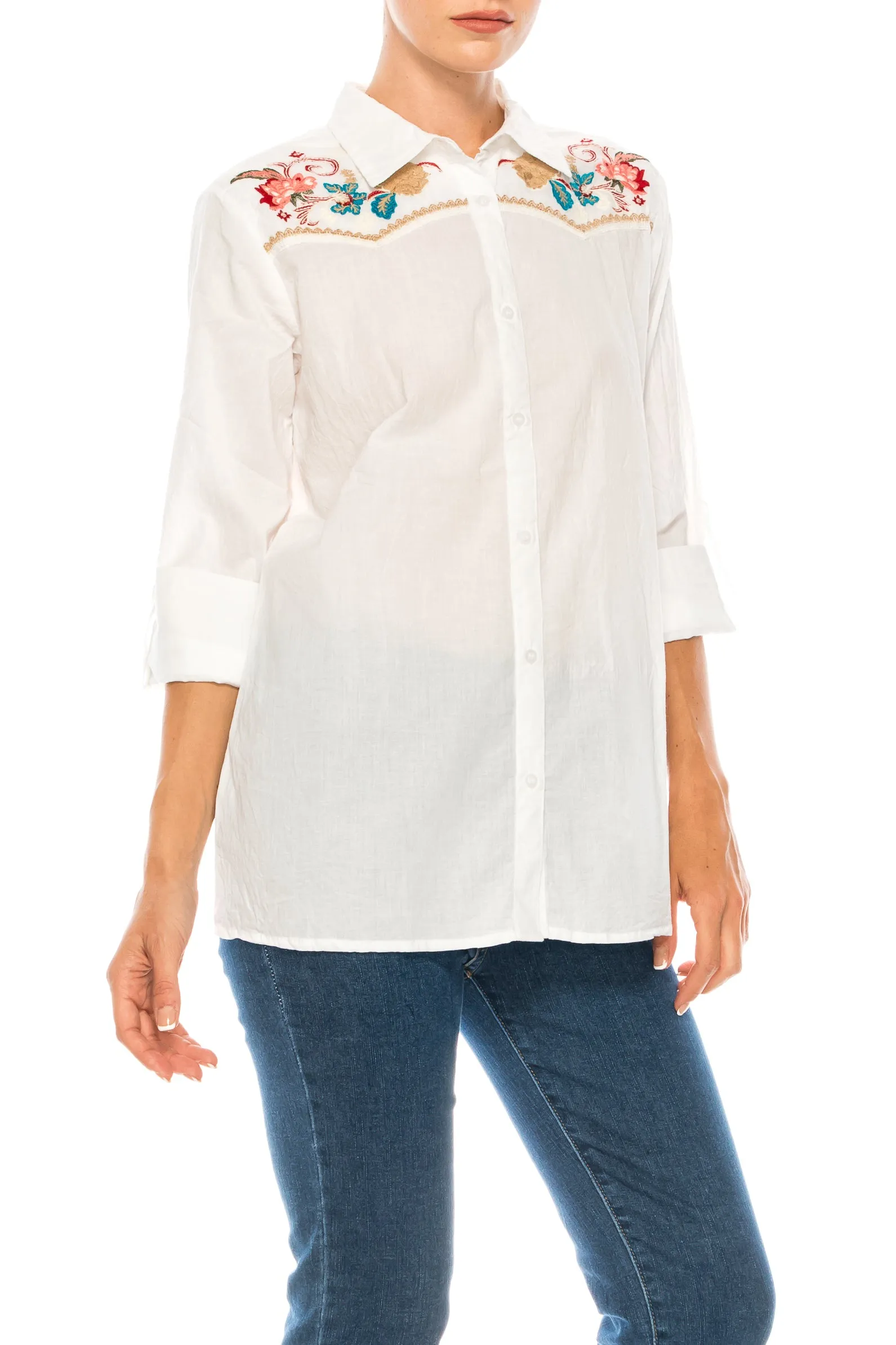 White Button-down Shirt with Floral Embroidery