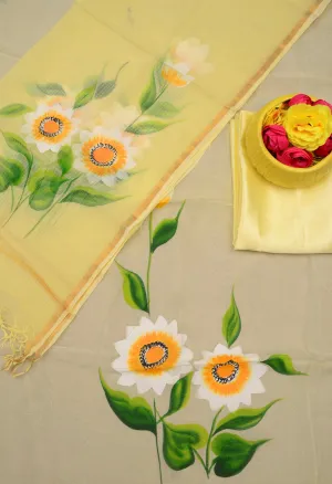 Yellow color Hand Painted Cotton Kota Doria Suit With Dupatta